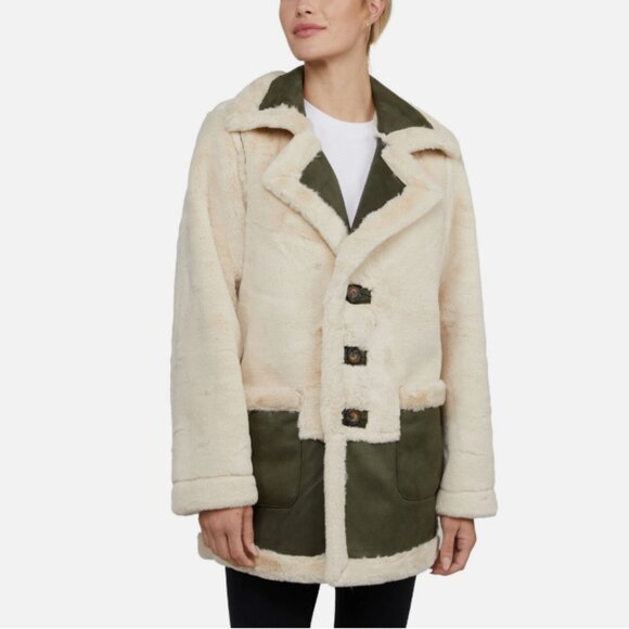 $190.00 Reversible Faux Shearling Jacket In Olive/Ivory Size Large NWT - Picture 2 of 13